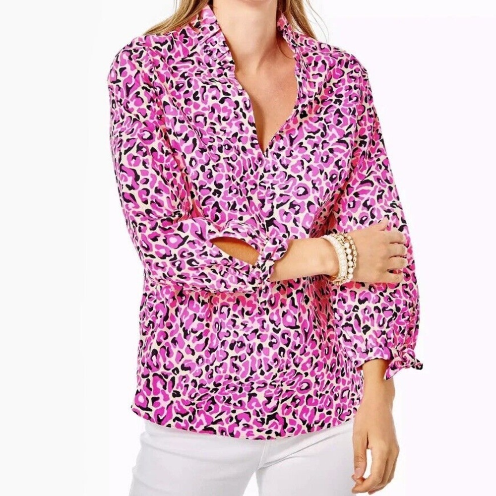 Lilly Pulitzer Sherida Leopard Print Top In Pink Topaz My Favorite Spot Sz. Xs